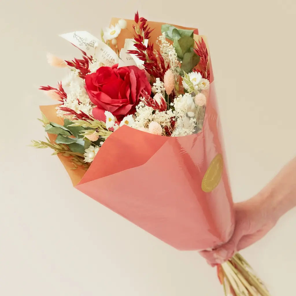 Dried Flower Bouquet & Silk Red Rose