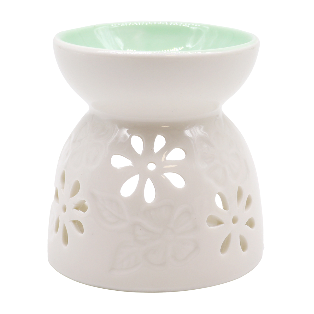 Classic White Oil Burner - Floral with Teal Well