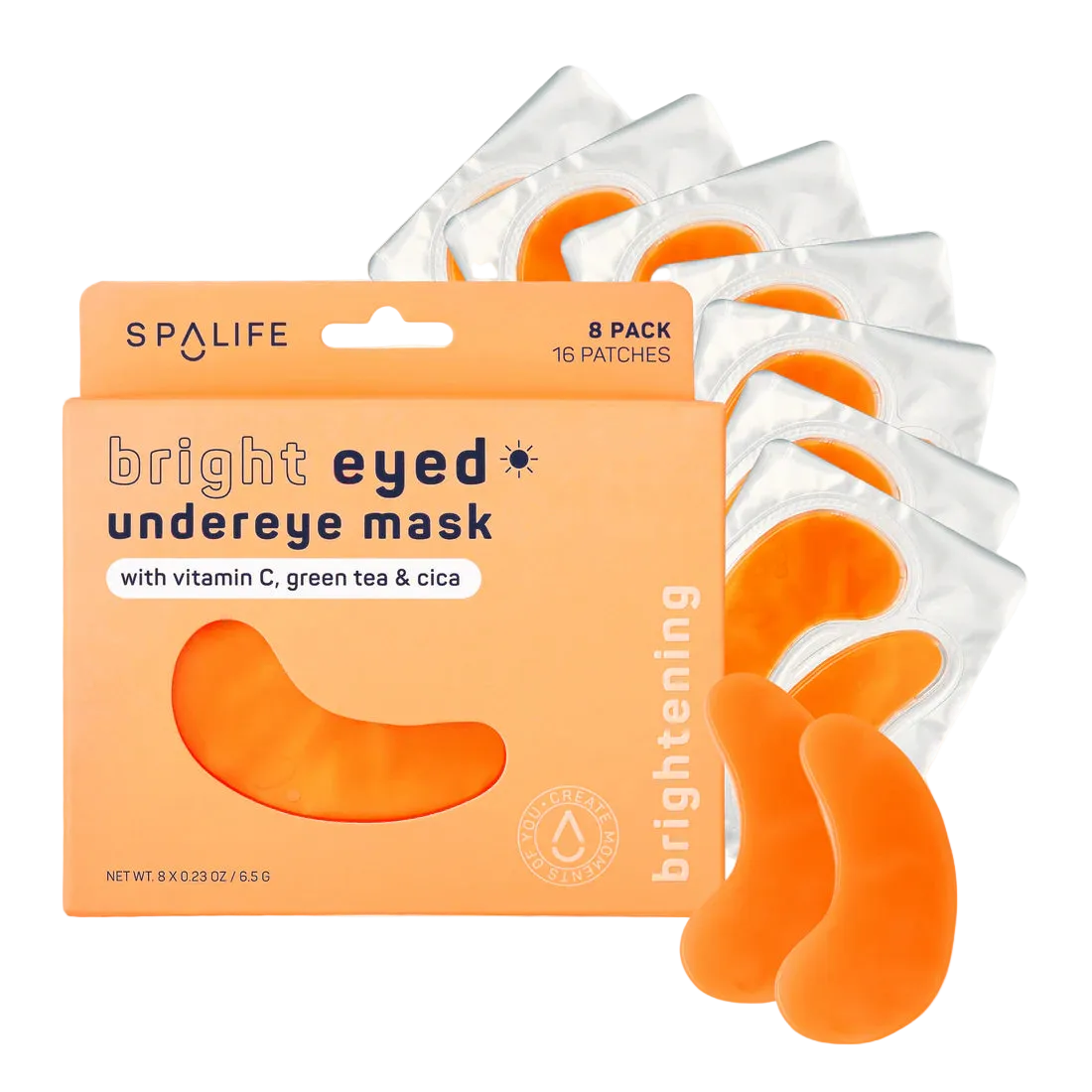 SpaLife bright eyed undereye mask packaging with orange eye patches on a white background