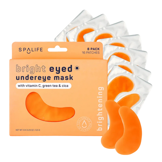 SpaLife bright eyed undereye mask packaging with orange eye patches on a white background