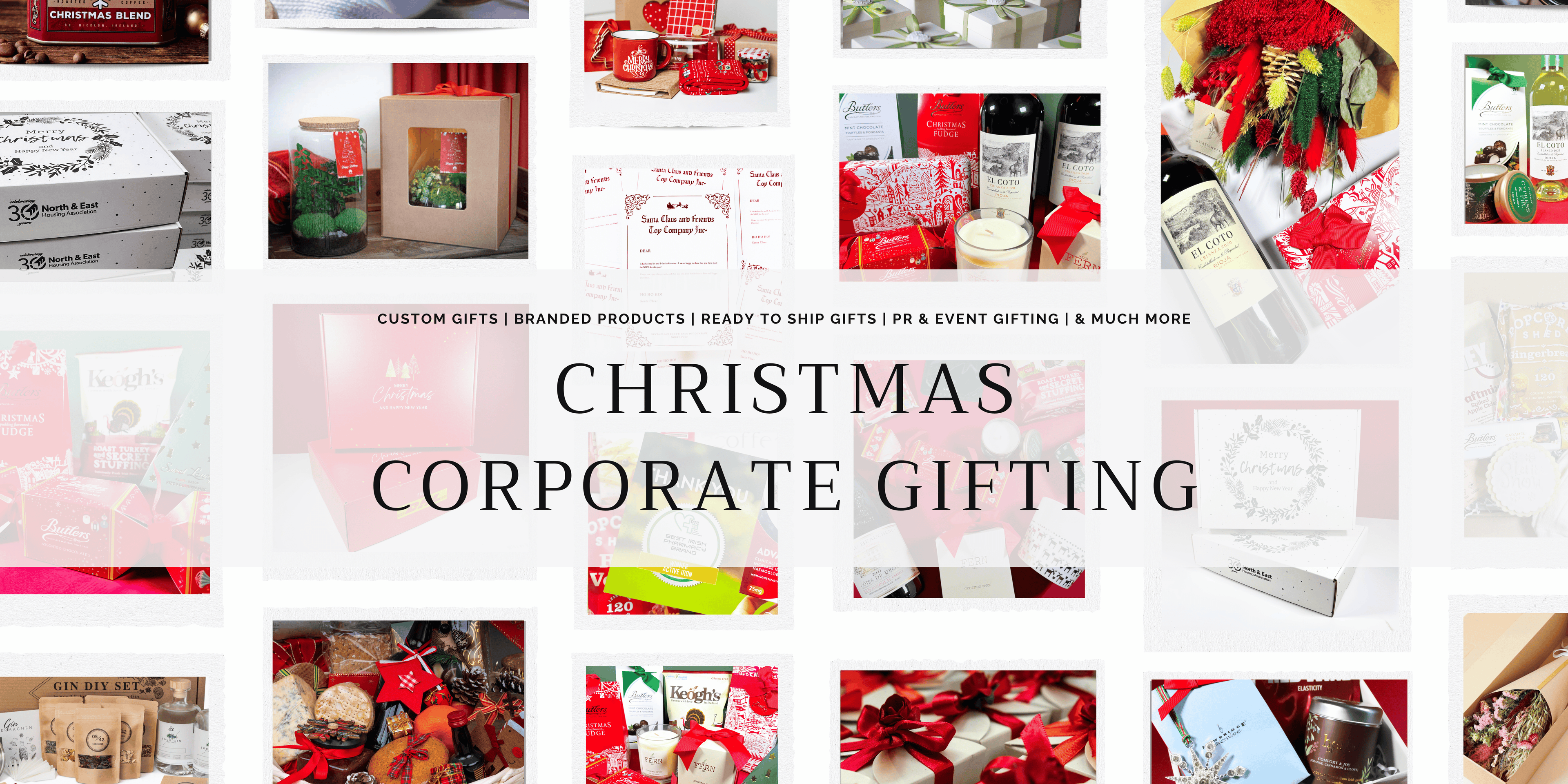 Festive Christmas corporate gift hampers and branded business gifts by Care Box Collection, featuring luxury Irish products, wine, candles, and ready-to-ship Christmas hampers for employees, clients, and PR events