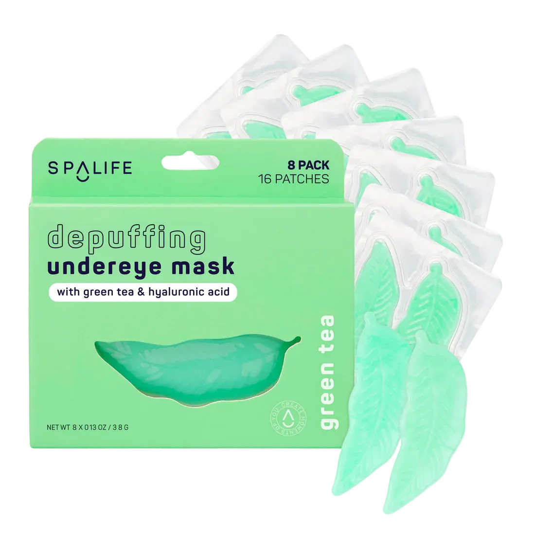 SPA LIFE depuffing undereye mask packaging with green tea and hyaluronic acid on a white background