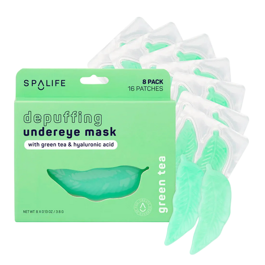 SPA LIFE depuffing undereye mask packaging with green tea and hyaluronic acid on a white background