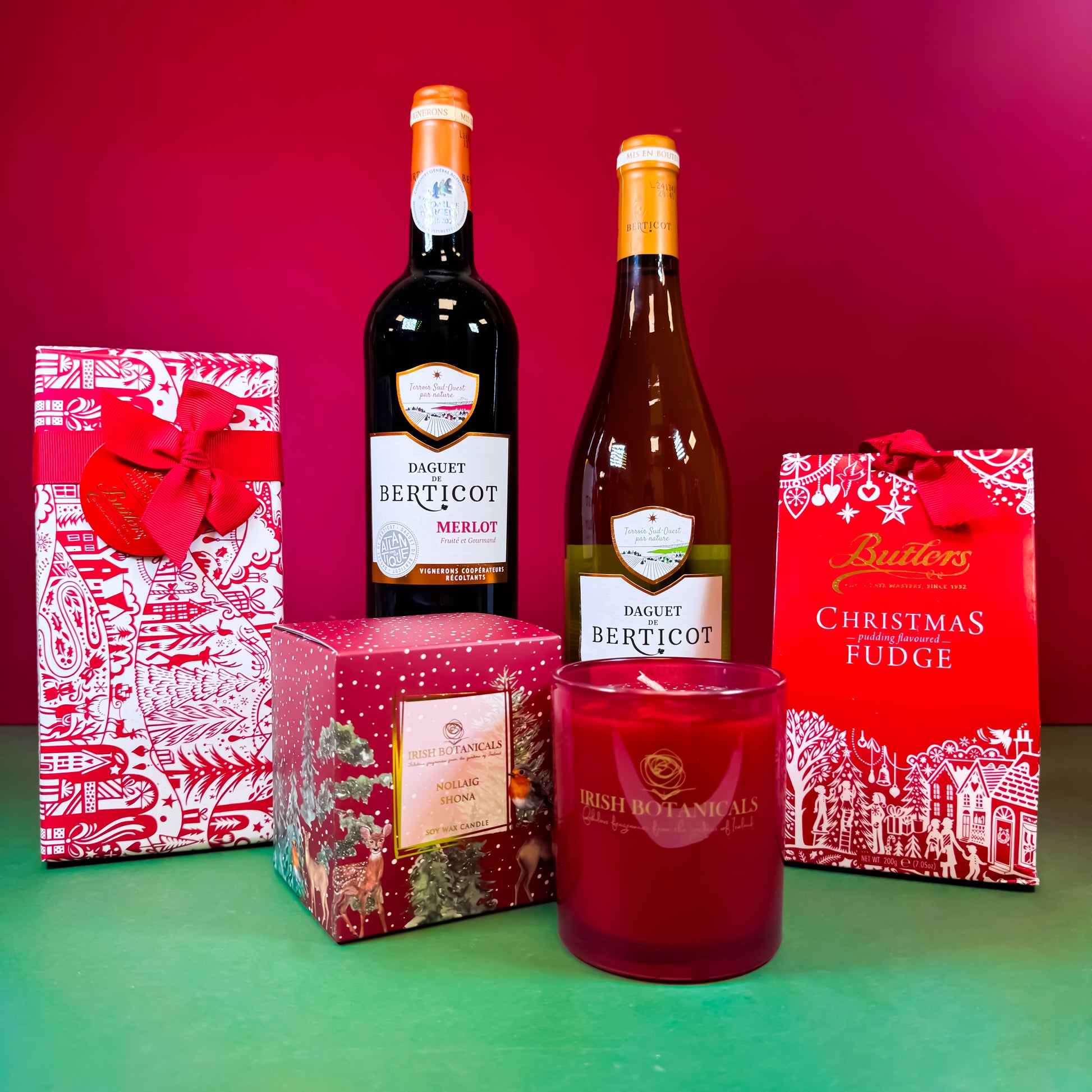 Fireside Favourites Christmas hamper with Daguet de Berticot wines, Butlers fudge and Irish Botanicals candle | corporate christmas hamper ireland