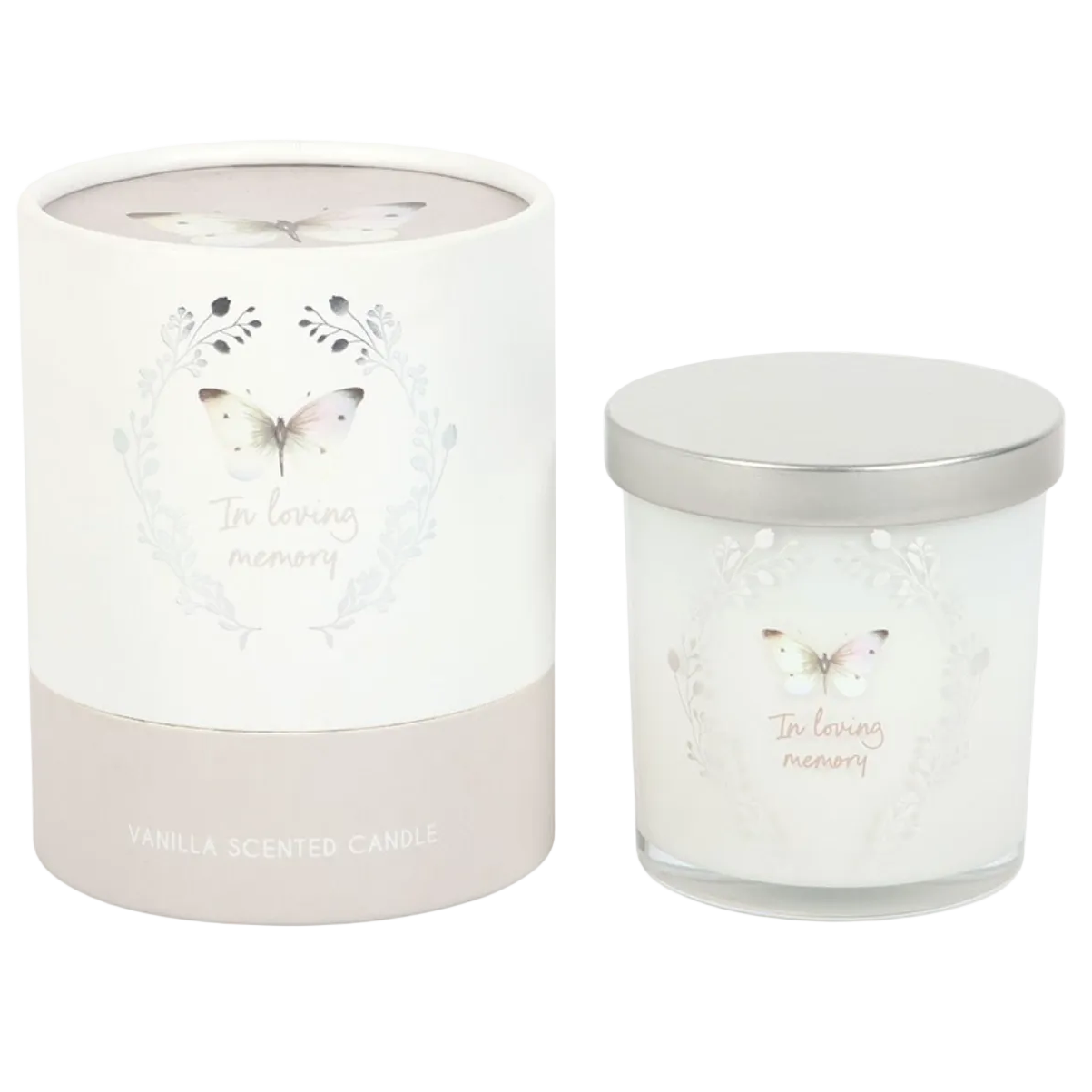 A white vanilla scented memorial candle with an “In Loving Memory” butterfly design beside its matching grey gift box 
