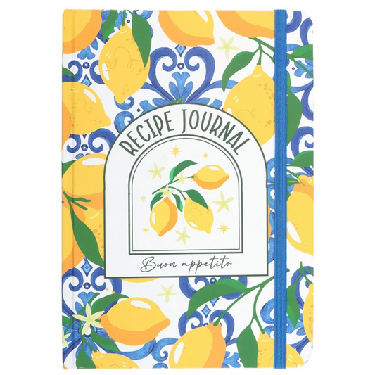 A decorative recipe journal with a lemon print cover, blue tile-inspired pattern and Buon appetito wording, finished with a blue elastic closure.
