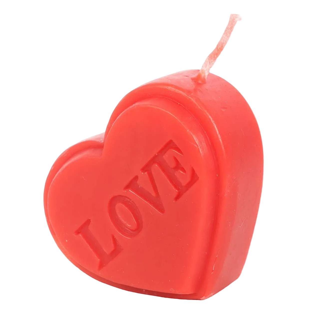 A red heart shaped candle with the word LOVE embossed on the front.