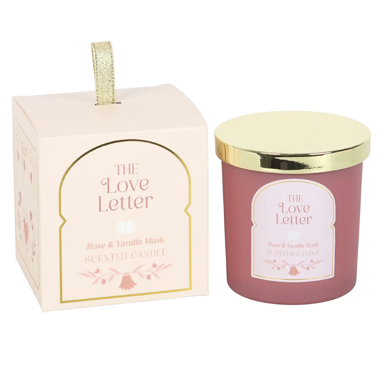 A pink rose and vanilla musk scented candle in a blush glass jar beside a matching decorative gift box with gold detailing and The Love Letter label.
