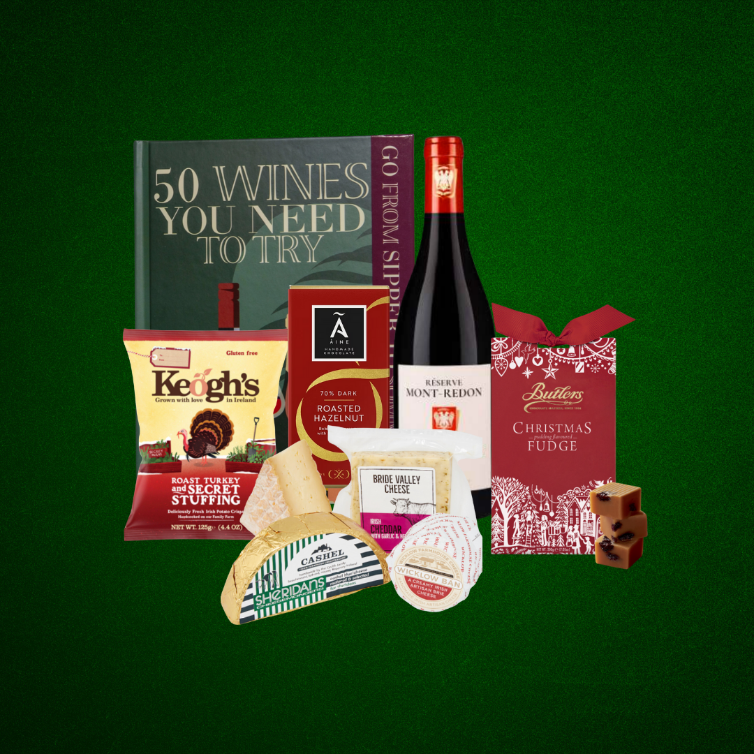 Luxury wine and cheese Christmas hamper with Irish treats and festive packaging.