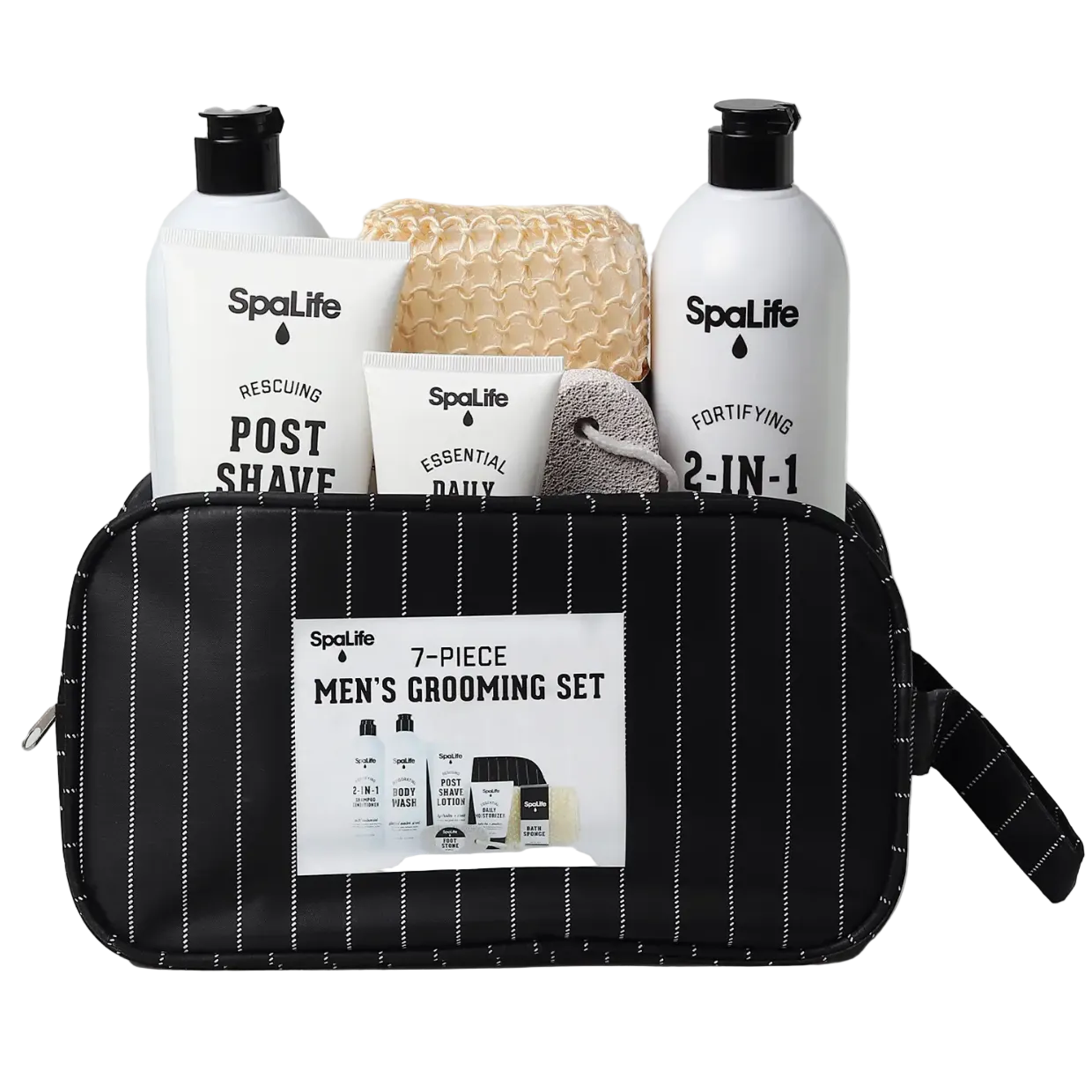 SpaLife men's grooming set with black and white packaging on a light gray background