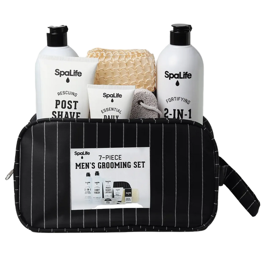 SpaLife men's grooming set with black and white packaging on a light gray background