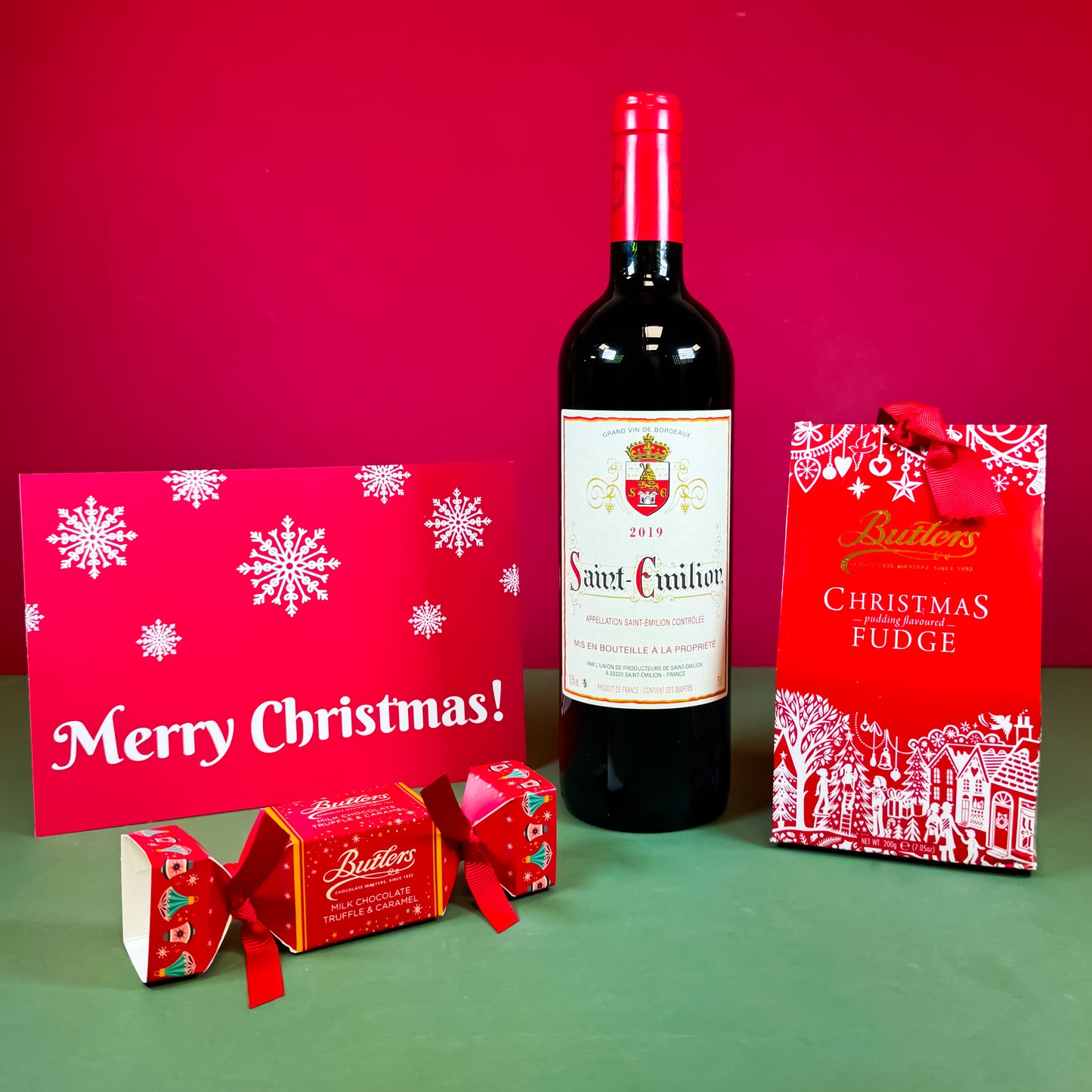 Perfect Pairing Christmas hamper with Saint-Émilion wine, Butlers chocolates, fudge and festive card | affordable christmas corporate hamper