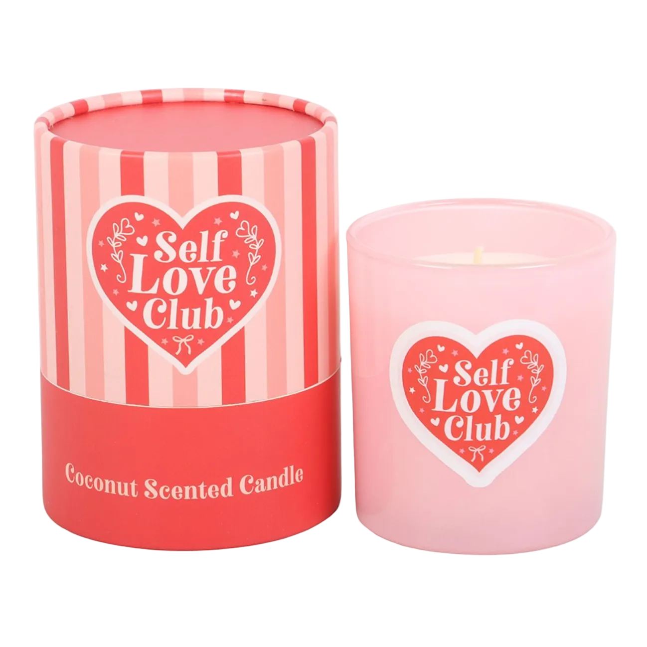 Pink candle with 'Self Love Club' design next to its striped container on a white background