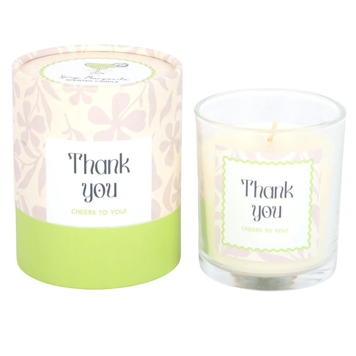 Candle with 'Thank you' label and matching packaging on a white background