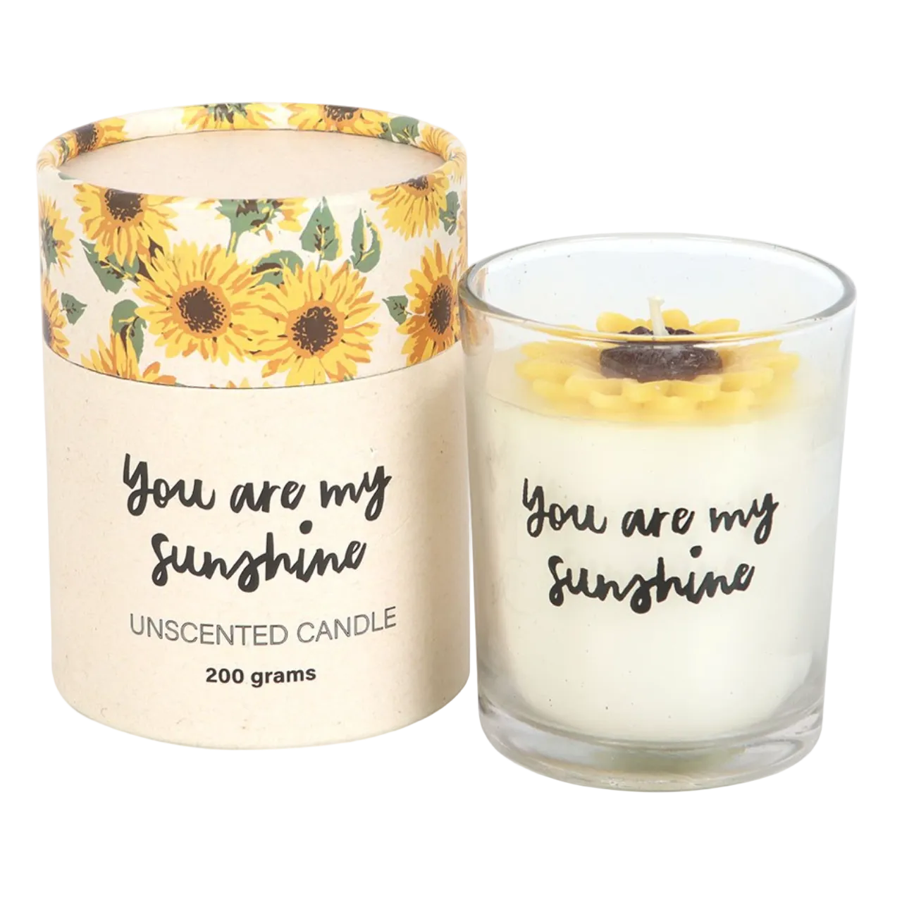 A You Are My Sunshine candle in a clear glass jar with sunflower wax detail, shown beside a matching sunflower print gift tube.